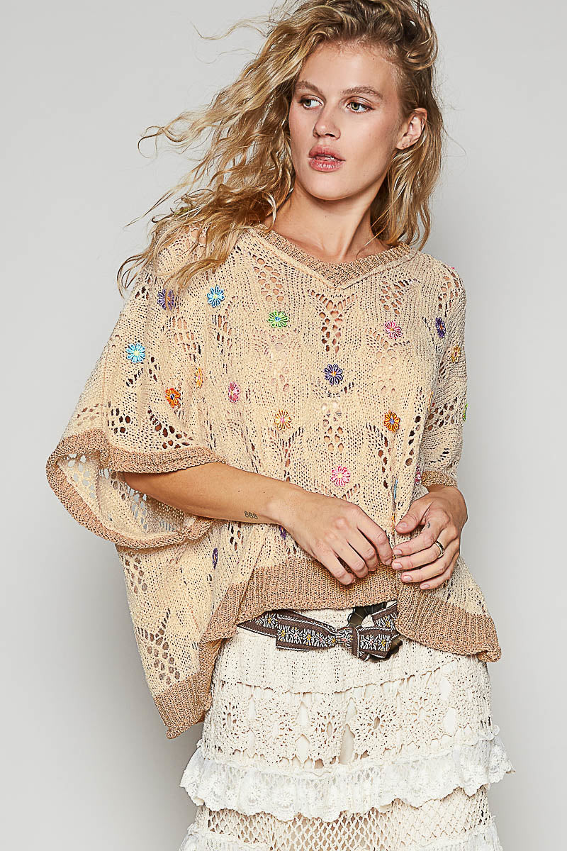 POL Fields of Flowers Crochet Sweater Mocha