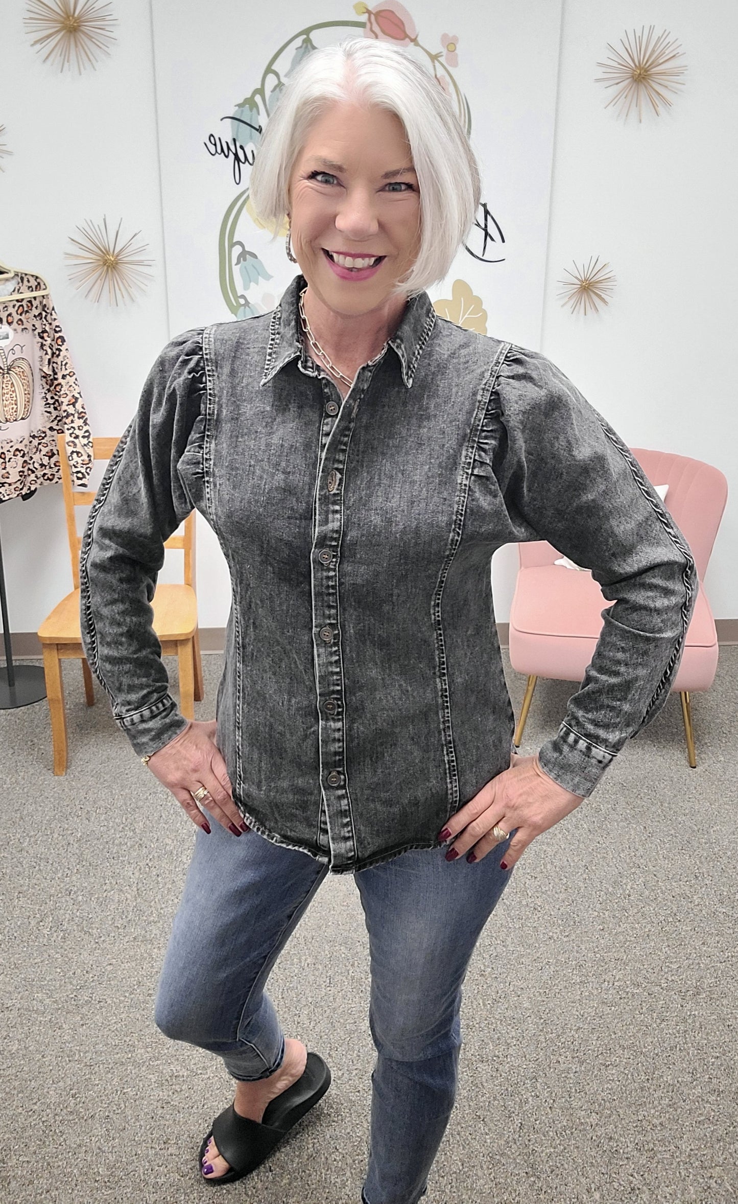 Pleated Sleeve Denim Top Black
