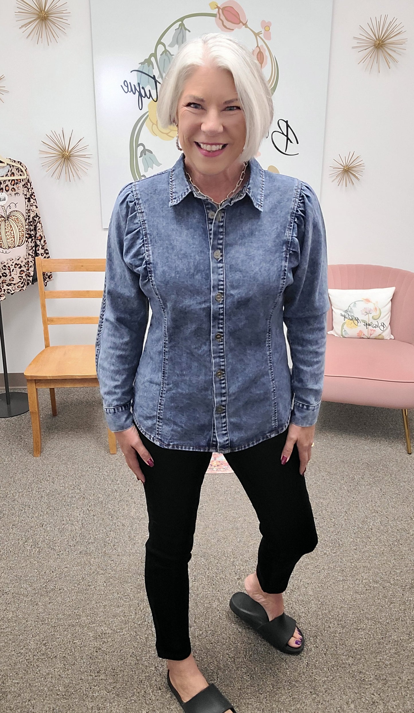 Pleated Sleeve Denim Top Blue