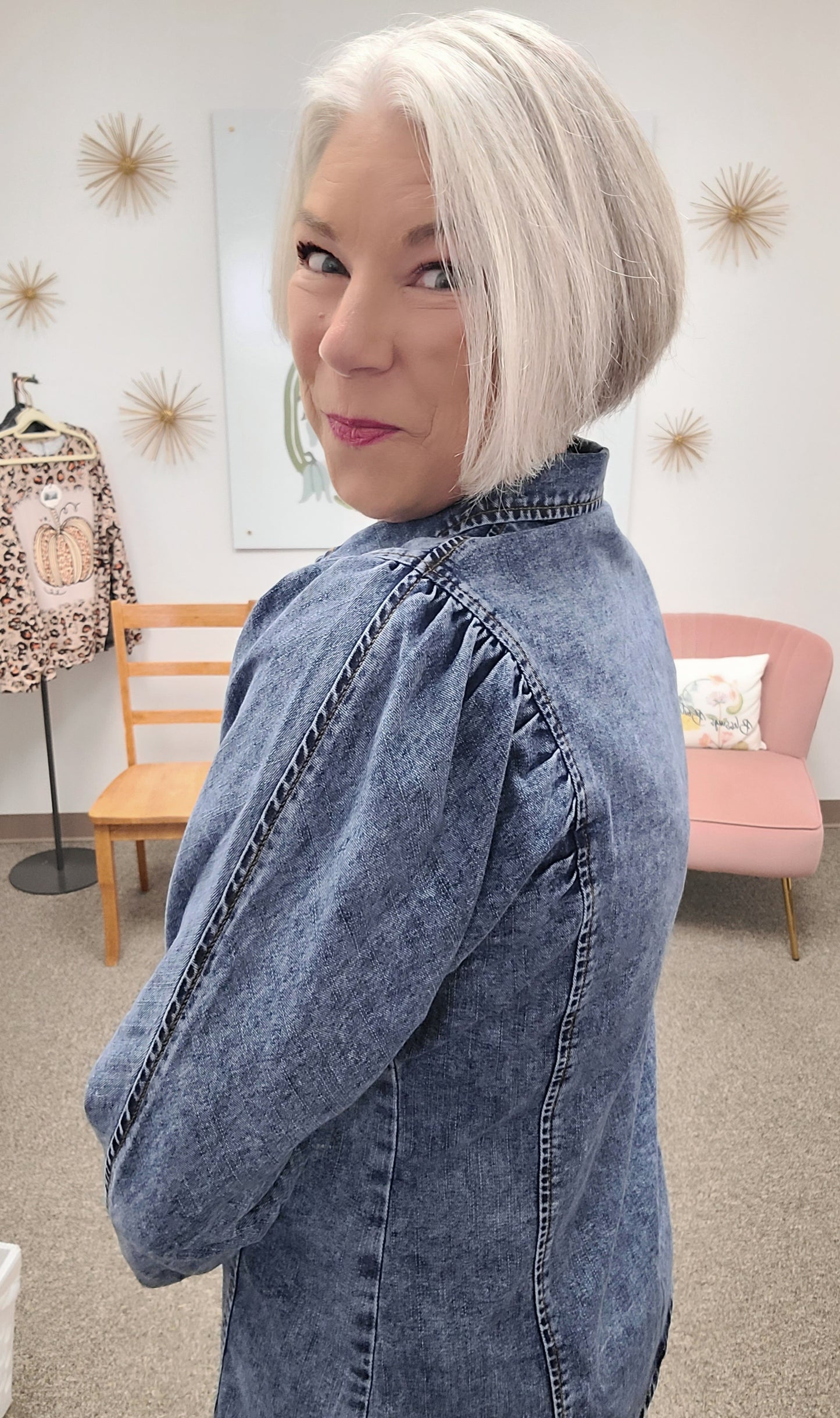 Pleated Sleeve Denim Top Blue
