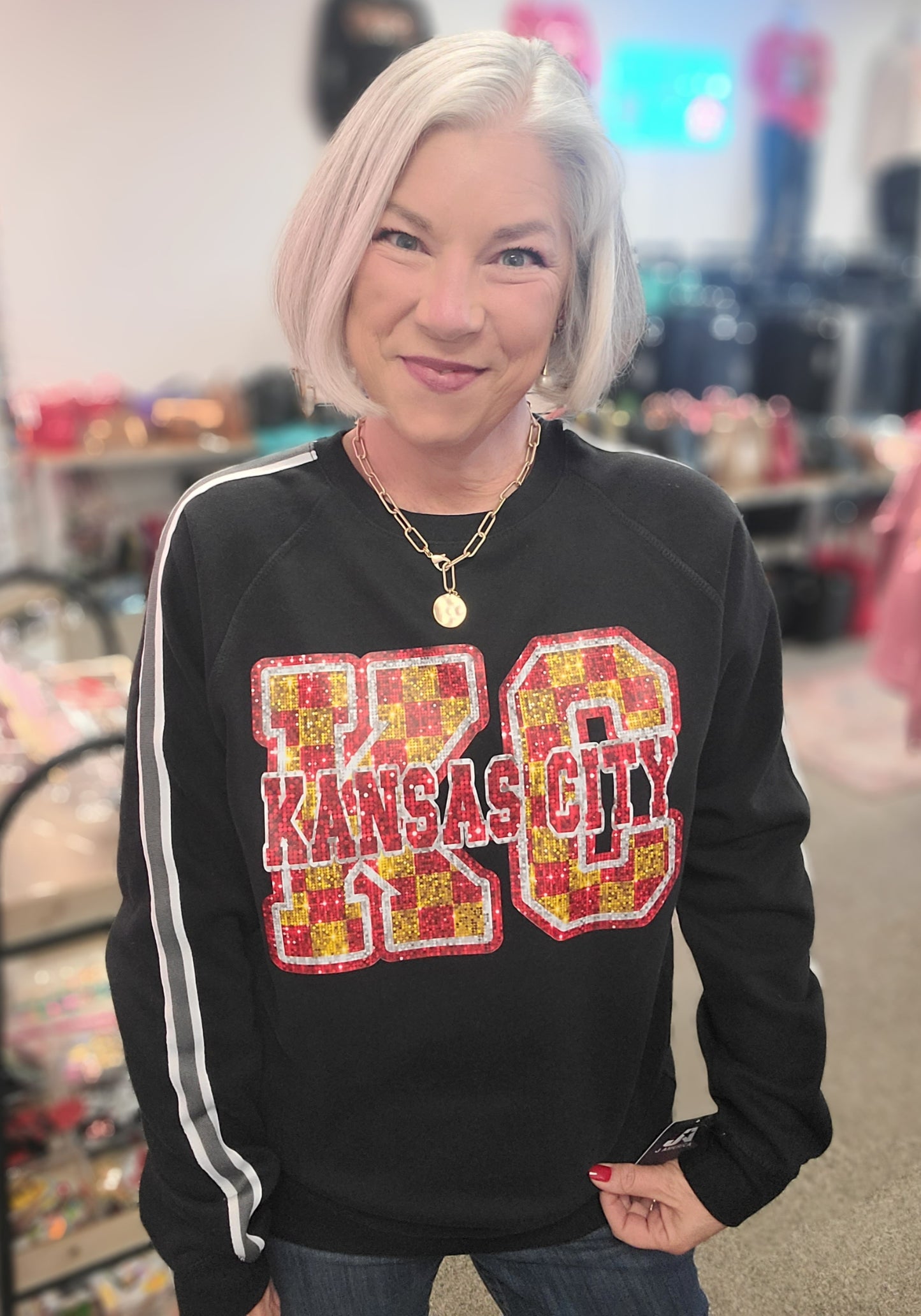 Checkered KC Faux Glitter Fleece Pullover Black