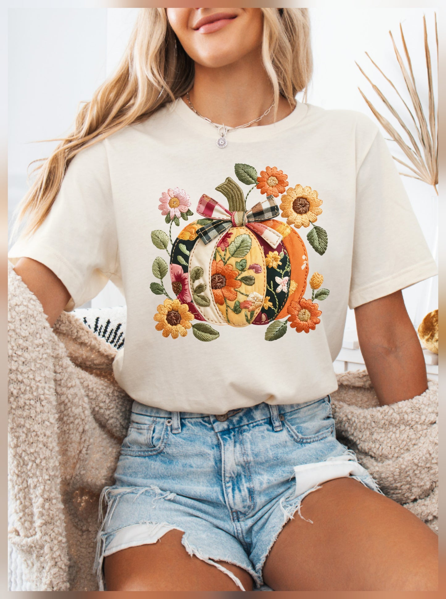 Bella Canvas Faux Embroidered Floral Pumpkin Tee Natural