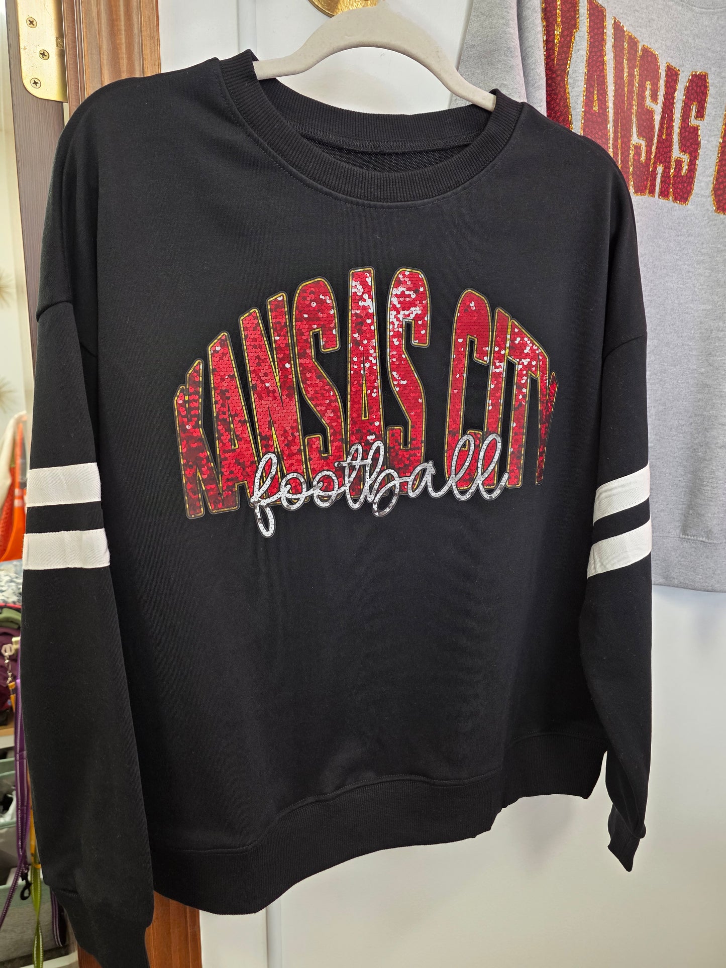 Faux Sequin KC Football Sport Stripe Black