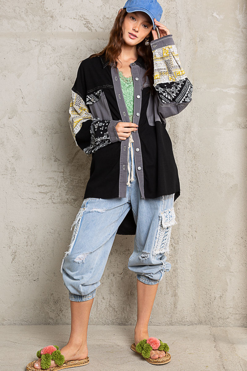 POL Patchwork Calico Shirt Shacket Grey Black