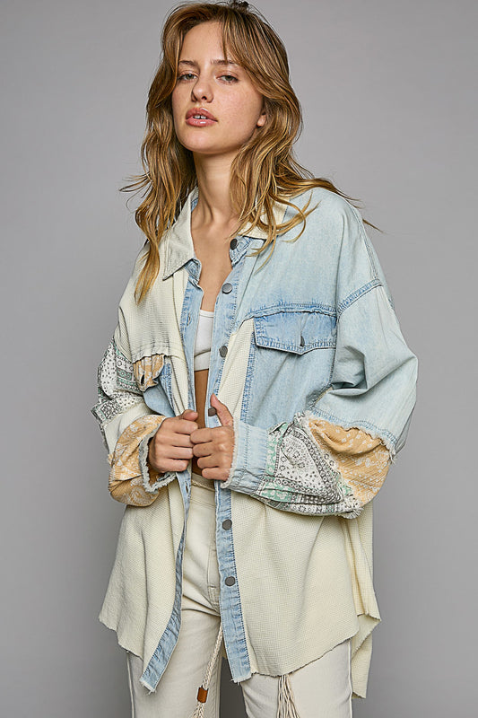POL Patchwork Calico Shirt Shacket Ivory Denim