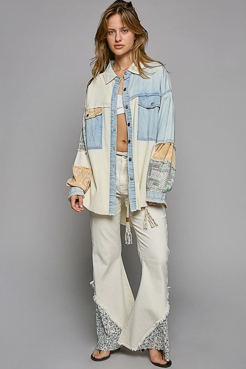 POL Patchwork Calico Shirt Shacket Ivory Denim