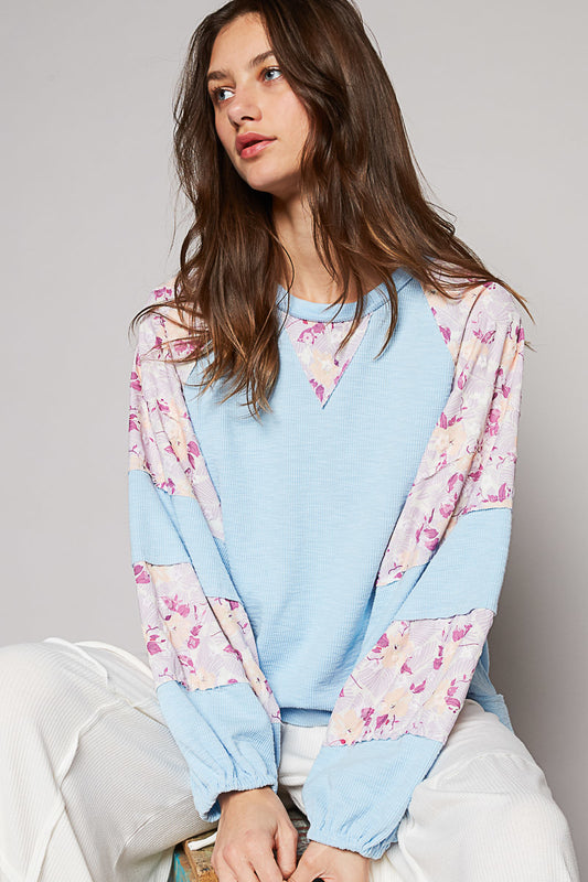 POL Balloon Sleeve Patchwork Top Blue