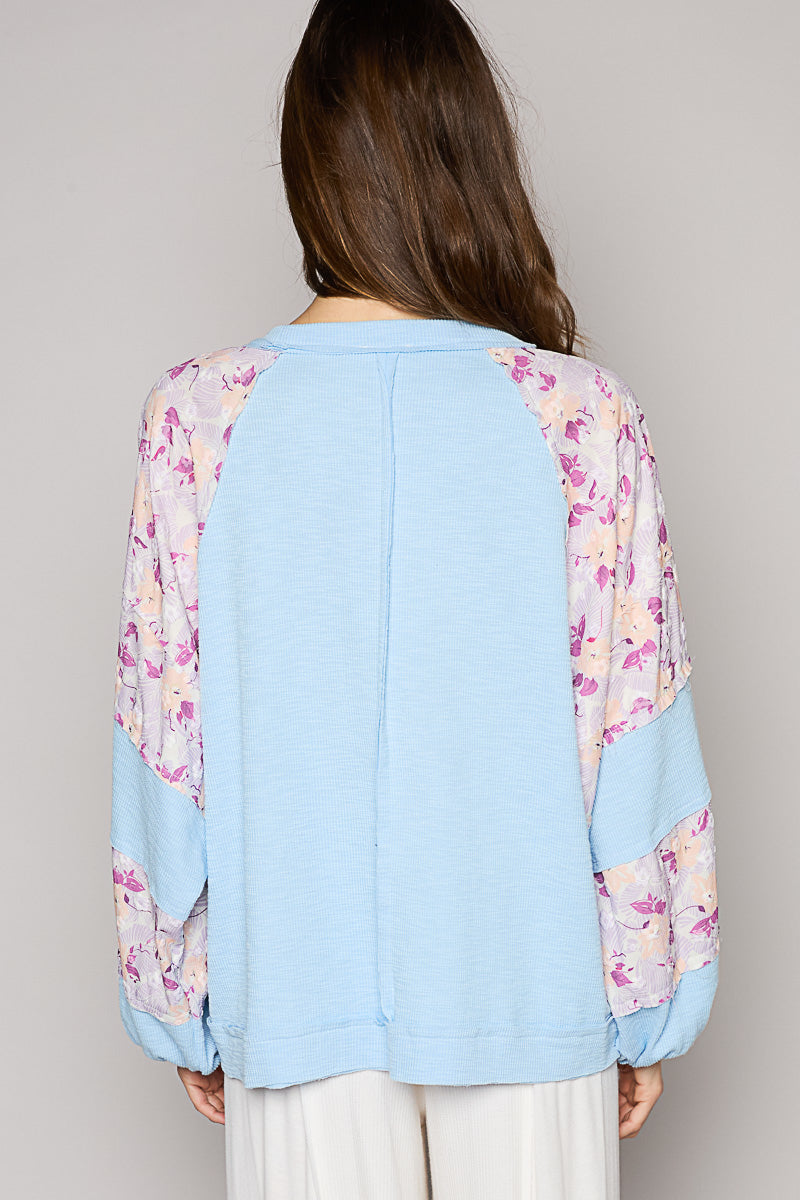 POL Balloon Sleeve Patchwork Top Blue