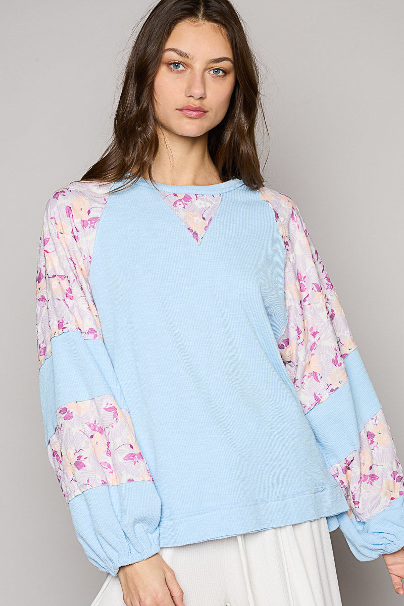 POL Balloon Sleeve Patchwork Top Blue