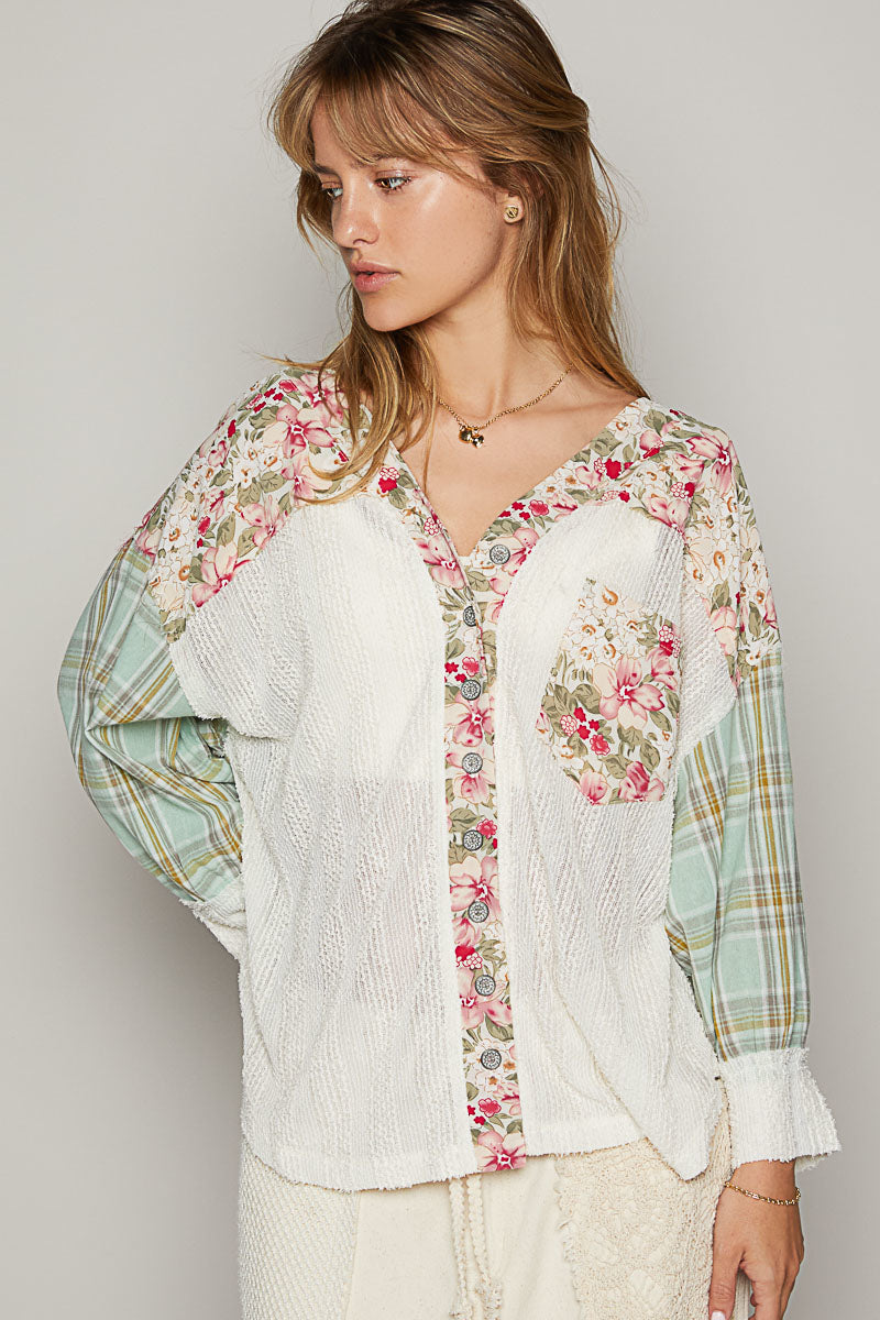 POL Plaid Bubble Sleeve Button Hoodie