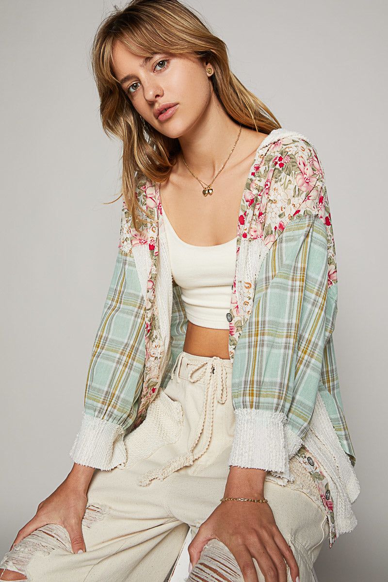 POL Plaid Bubble Sleeve Button Hoodie