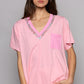POL Calico V-Neck Ribbed Pocket Tee Pink