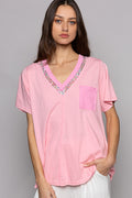 POL Calico V-Neck Ribbed Pocket Tee Pink