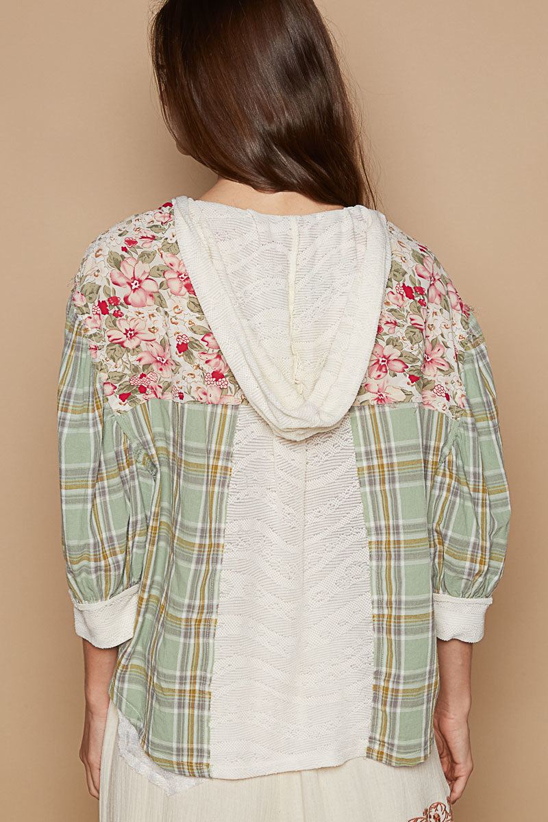 POL Plaid Bubble Sleeve Button Hoodie