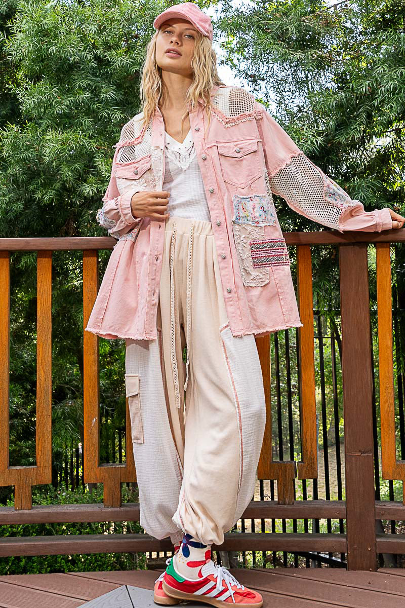 POL Bedazzled Patchwork Long Jacket Pink