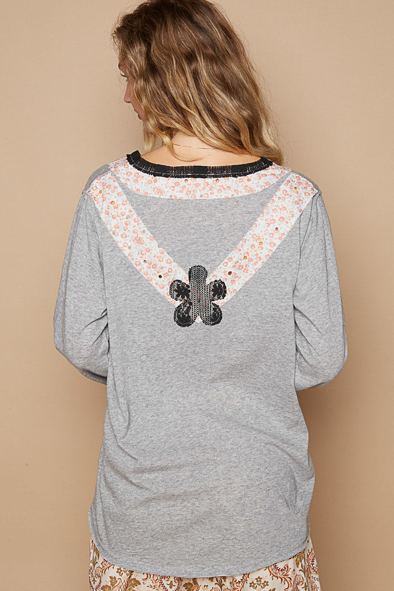 POL V-Neck Cotton Flower Patch Top Grey