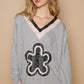 POL V-Neck Cotton Flower Patch Top Grey