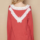 POL V-Neck Cotton Flower Patch Top Brick Red