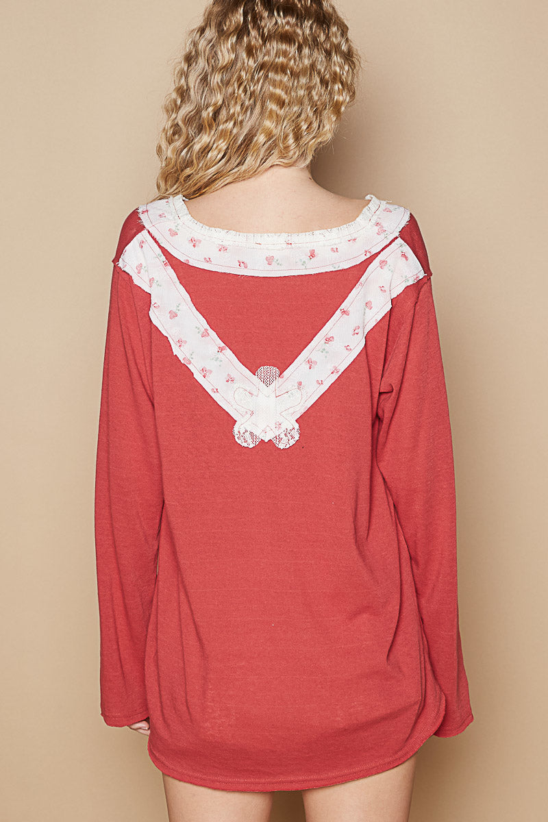POL V-Neck Cotton Flower Patch Top Brick Red