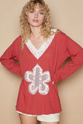 POL V-Neck Cotton Flower Patch Top Brick Red
