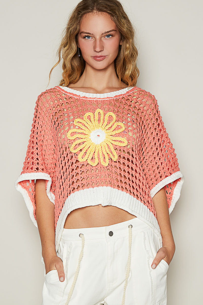 POL Crochet Daisy Flower Sweater Coral