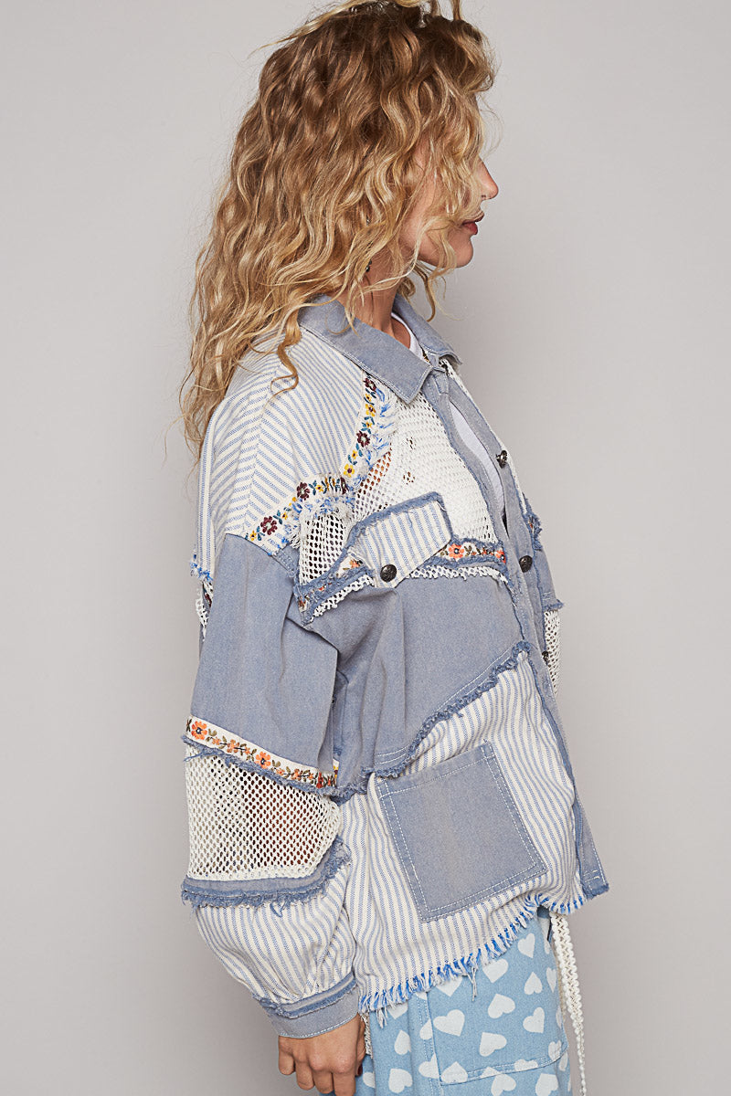 POL Stripe Patchwork Fall Jacket Blue