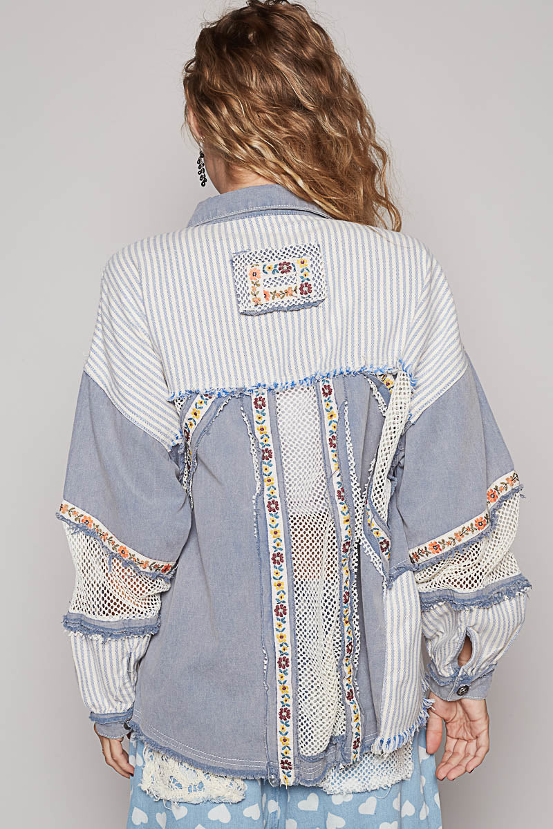 POL Stripe Patchwork Fall Jacket Blue