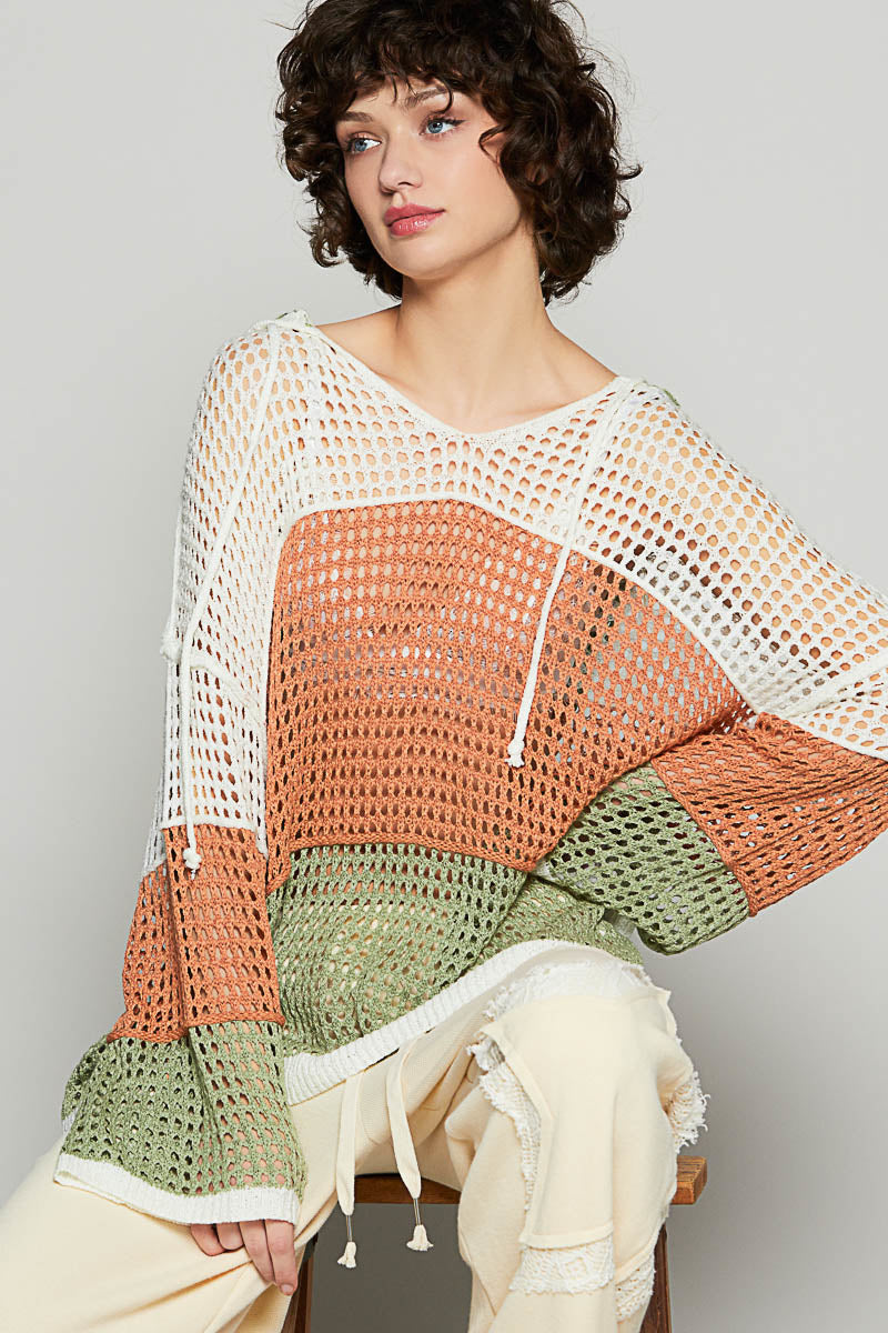 POL Mesh Crochet Colorblock Hoodie Matcha