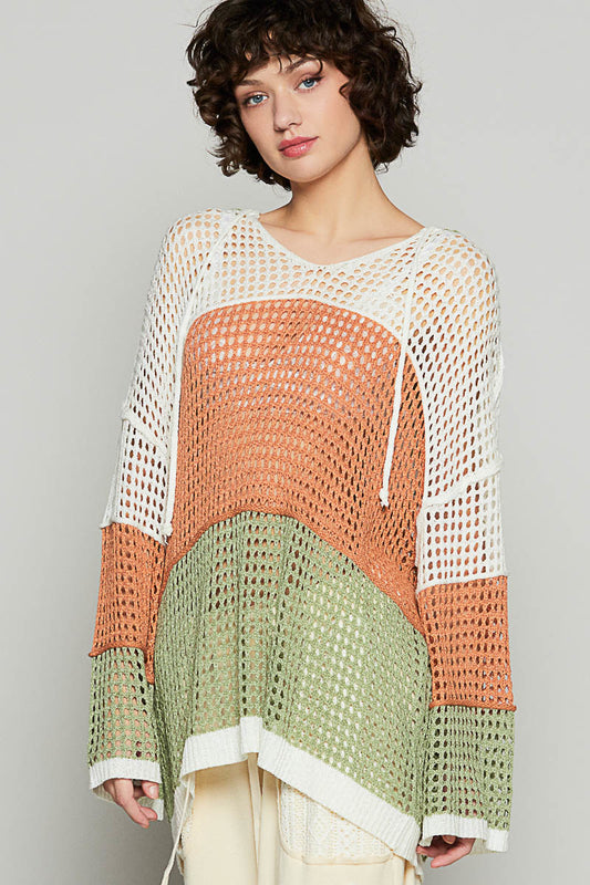 POL Mesh Crochet Colorblock Hoodie Matcha