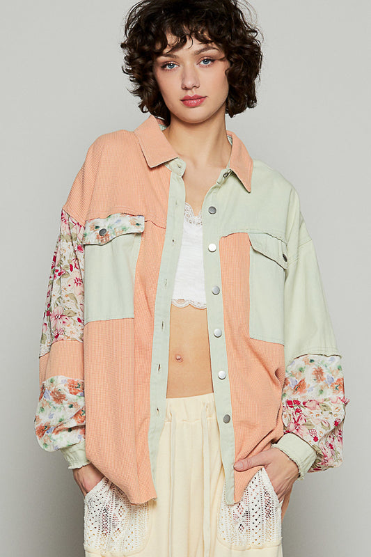 POL Patchwork Calico Shirt Shacket Coral Pistachio