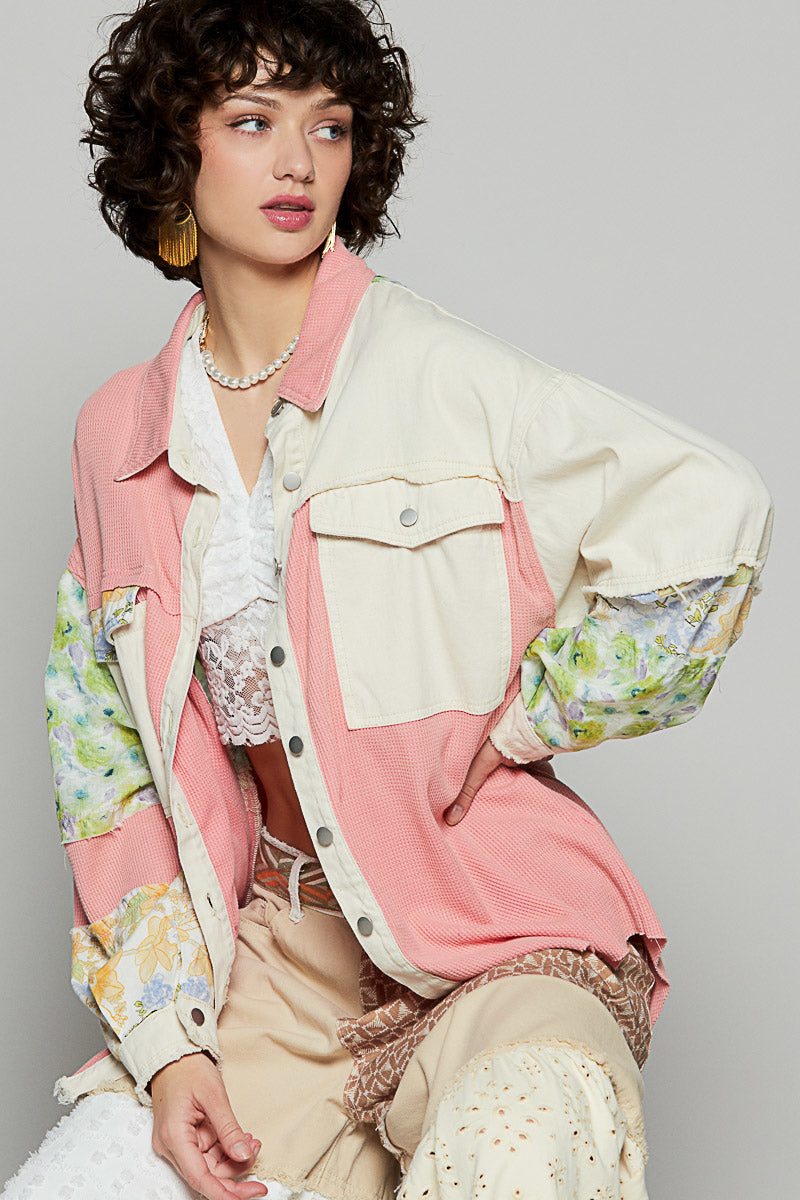 POL Patchwork Calico Shirt Shacket Pink Oatmilk