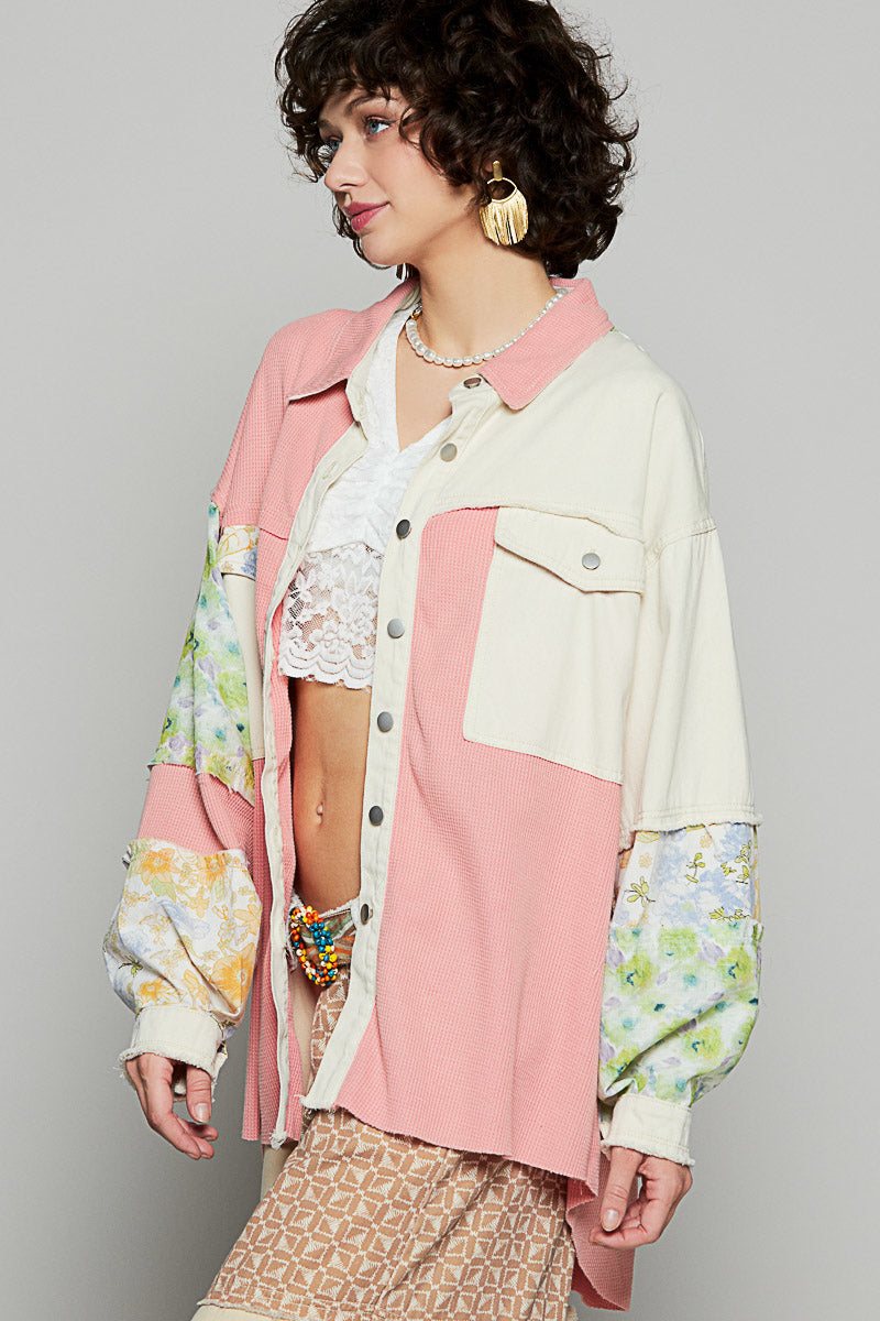 POL Patchwork Calico Shirt Shacket Pink Oatmilk