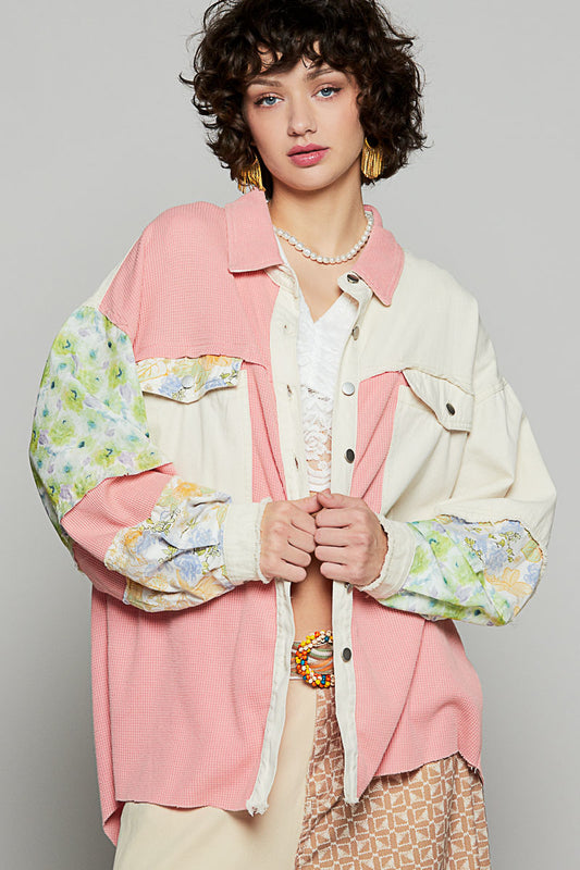 POL Patchwork Calico Shirt Shacket Pink Oatmilk