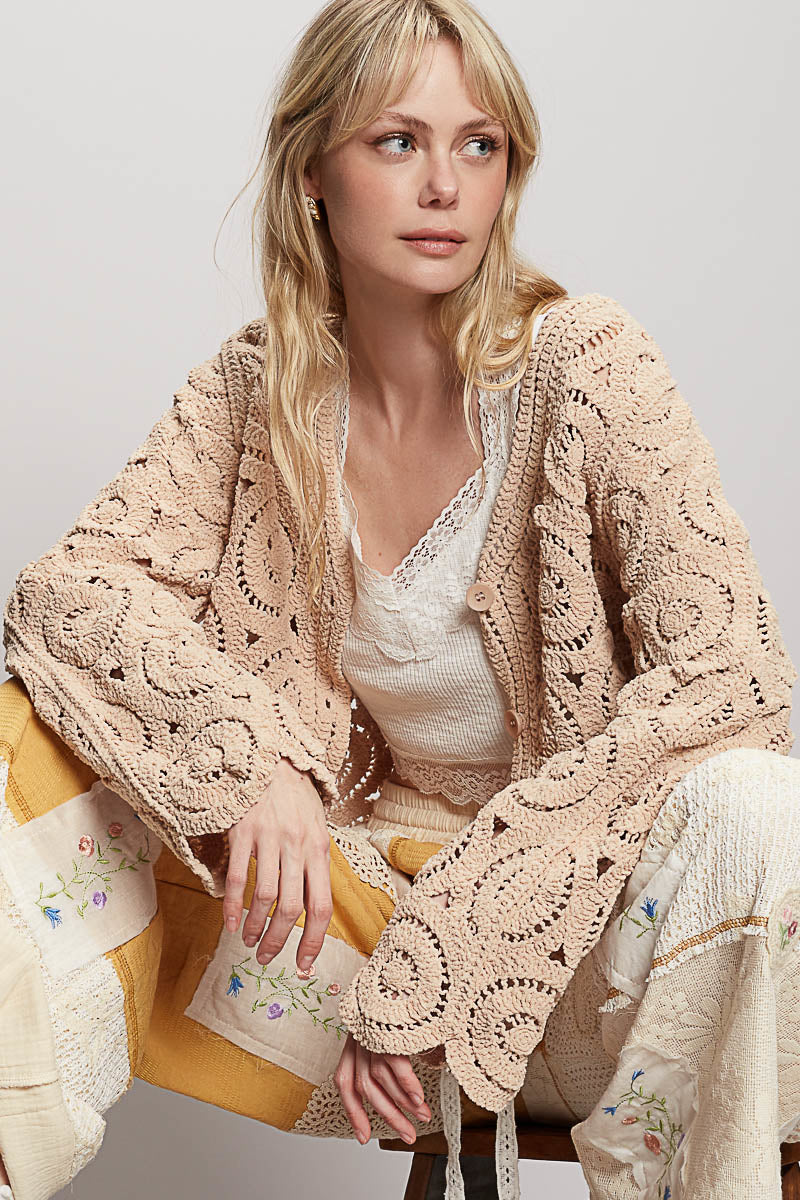 POL Chenille Crochet Cardigan Mocha One Size