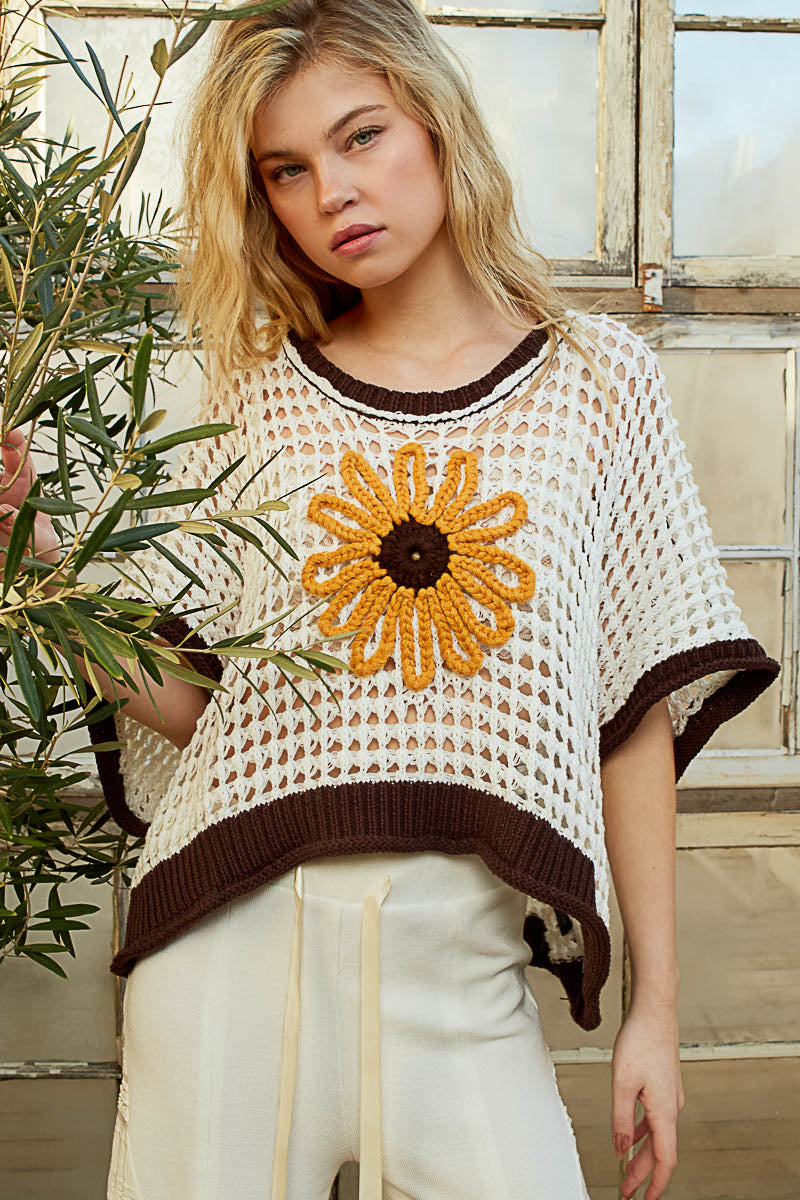 POL Crochet Daisy Flower Sweater Ivory