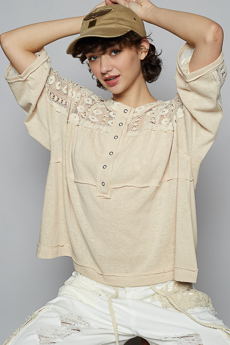 POL Crochet Lace 3/4 Sleeve Top Coconut