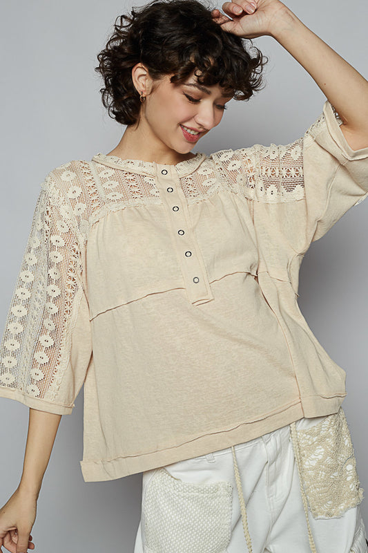 POL Crochet Lace 3/4 Sleeve Top Coconut