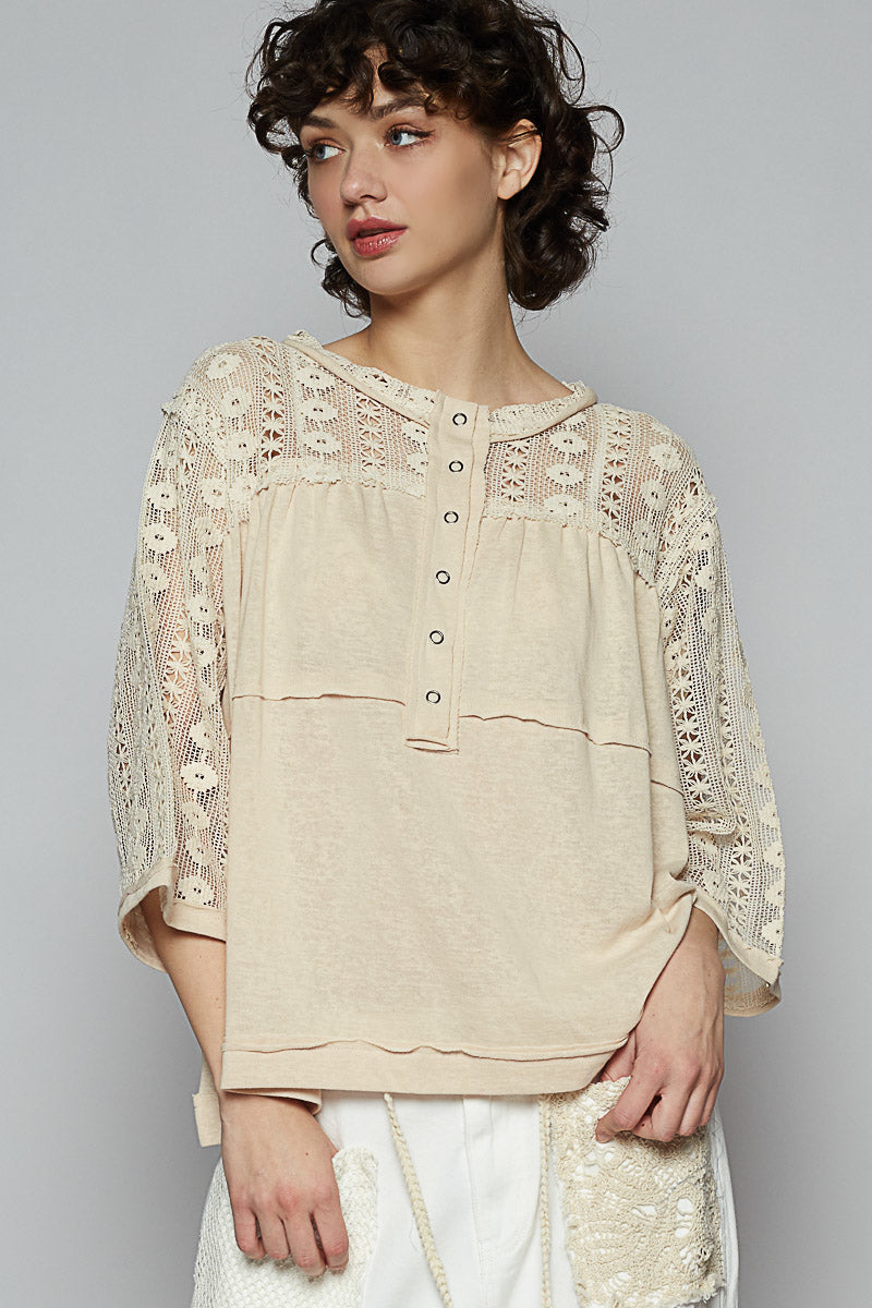 POL Crochet Lace 3/4 Sleeve Top Coconut