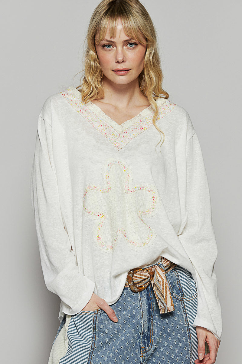 POL V-Neck Cotton Flower Patch Top White
