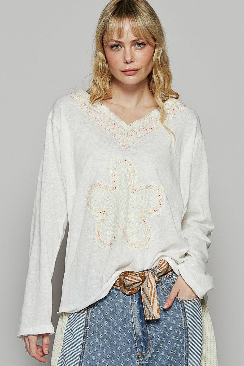POL V-Neck Cotton Flower Patch Top White