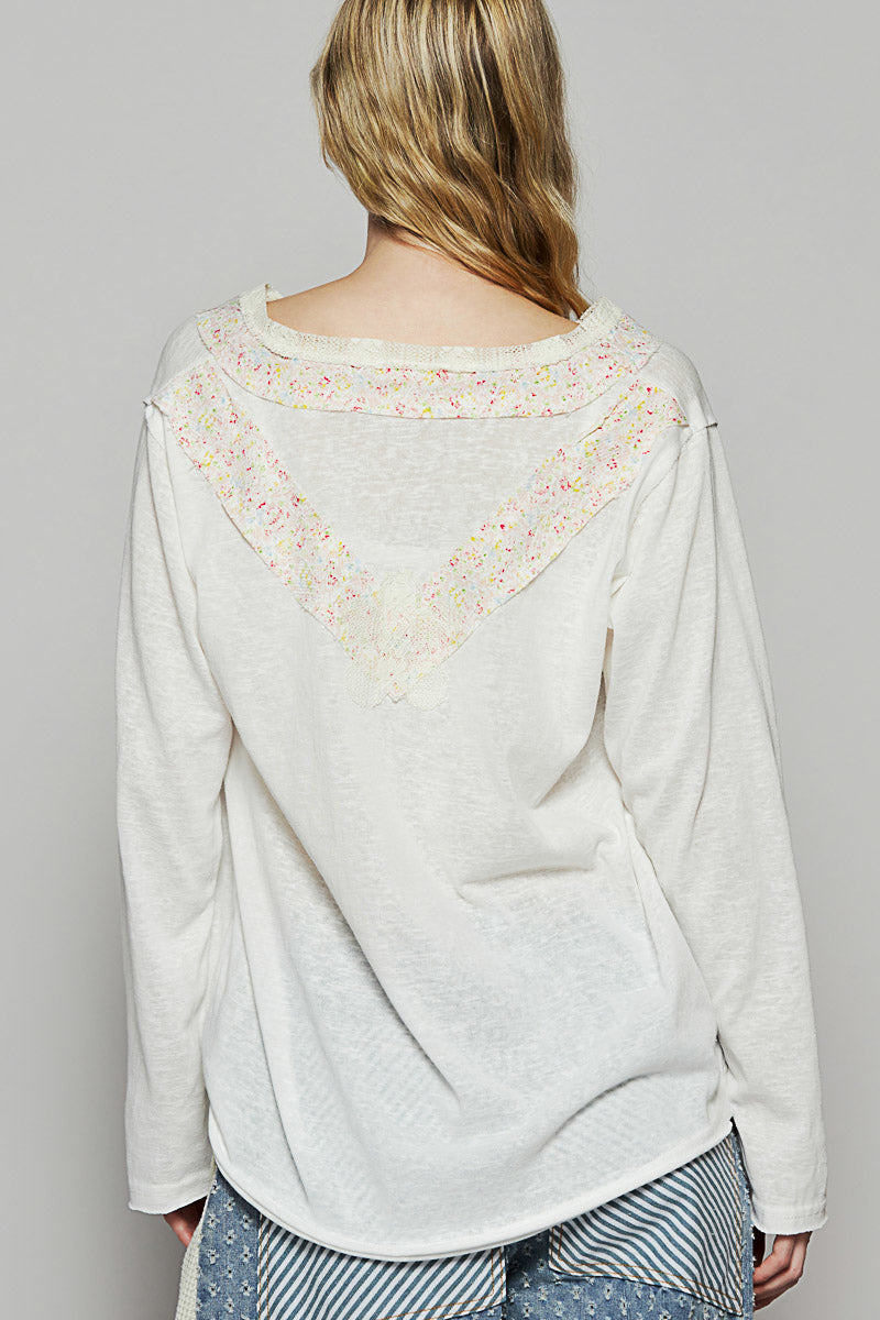 POL V-Neck Cotton Flower Patch Top White
