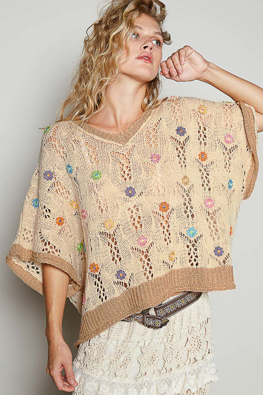 POL Fields of Flowers Crochet Sweater Mocha
