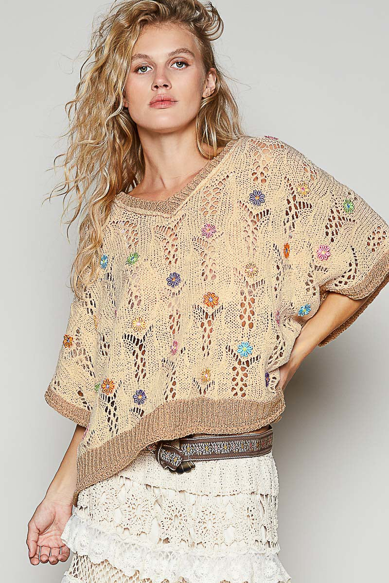 POL Fields of Flowers Crochet Sweater Mocha