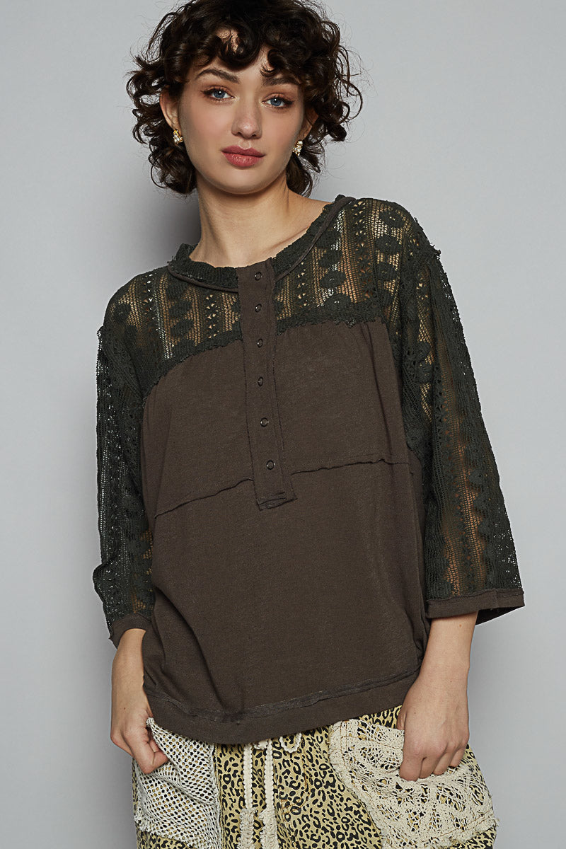 POL Crochet Lace 3/4 Sleeve Top Charcoal