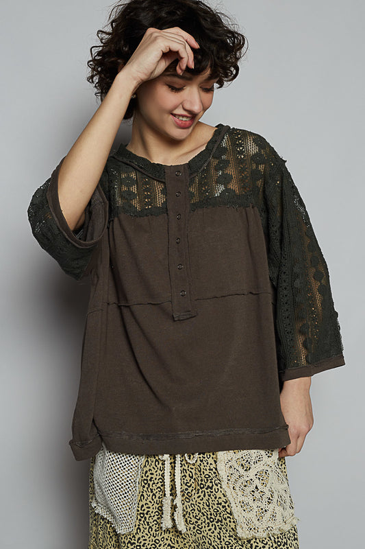 POL Crochet Lace 3/4 Sleeve Top Charcoal