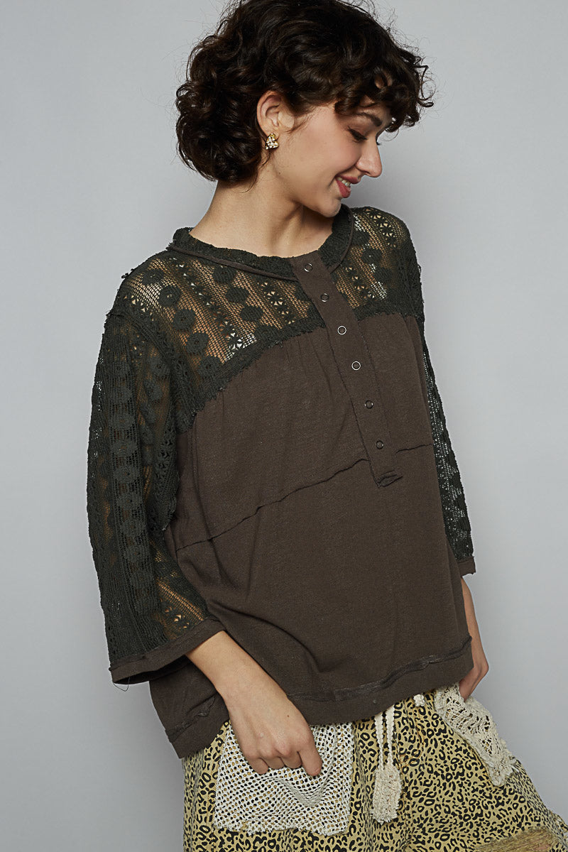 POL Crochet Lace 3/4 Sleeve Top Charcoal