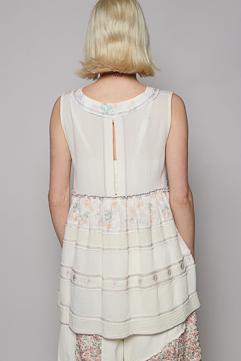 POL Embroidered Lettuce Edge Calico Tank Ivory