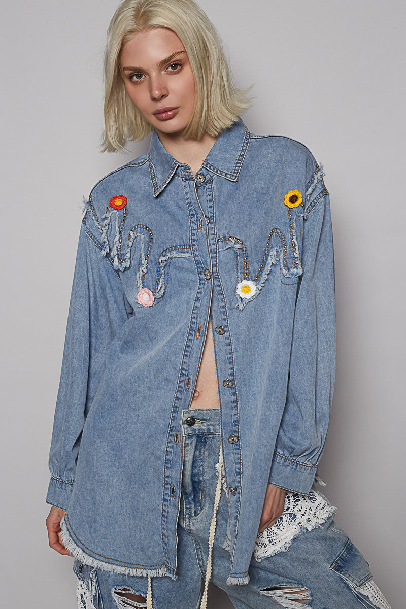 POL Studded Denim Button-Up Shirt