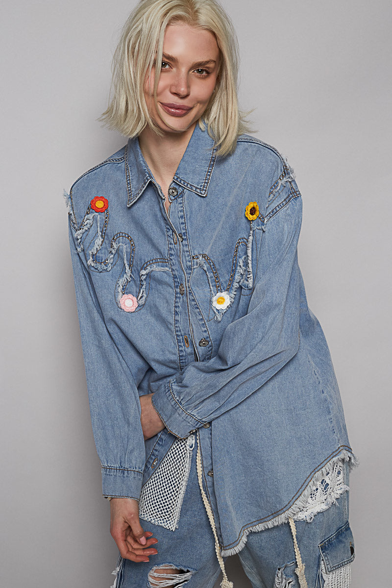 POL Studded Denim Button-Up Shirt