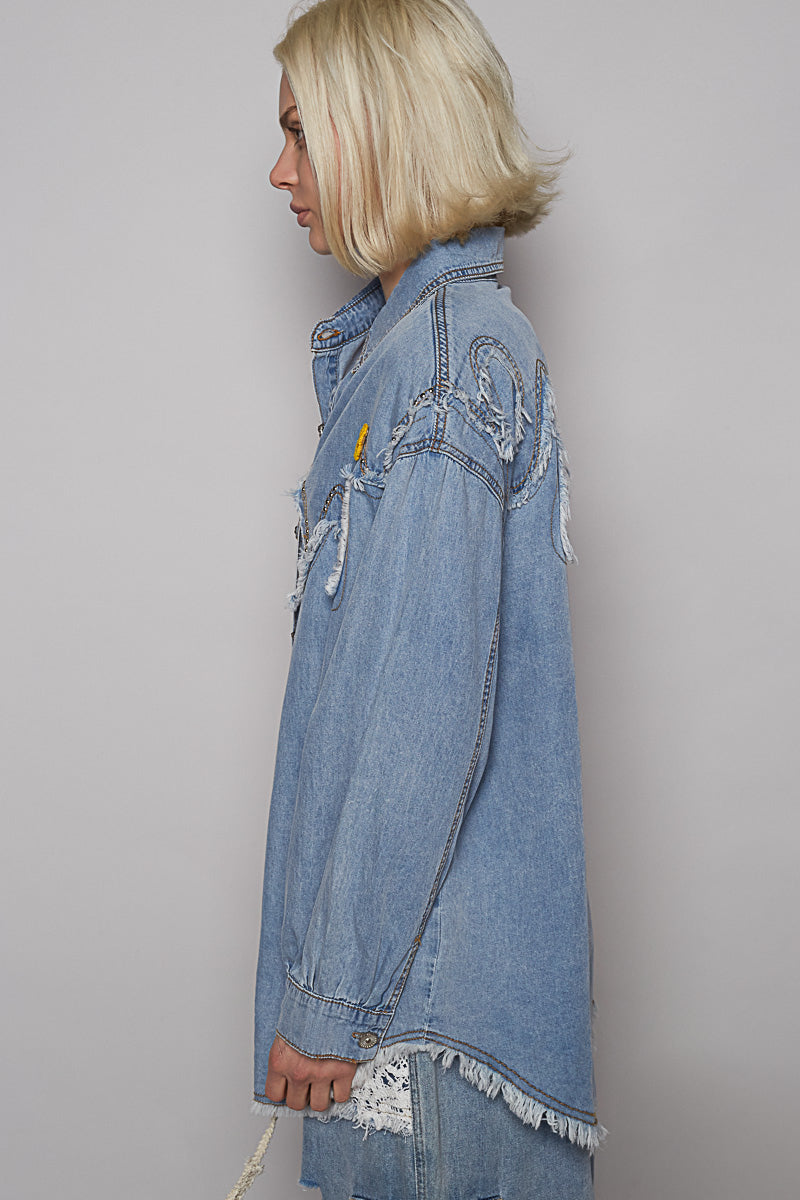 POL Studded Denim Button-Up Shirt